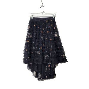 Beulah Style Black Ruffled Tulle High Low Embroidered Skirt NWT